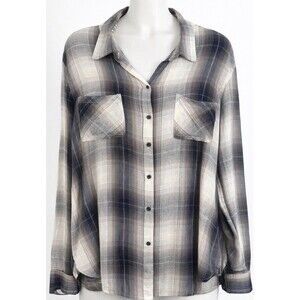 Lucky Brand Shirt Womens Large Gray Blue Plaid Button Front Long Sleeve Top